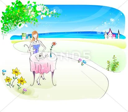 Attractive Woman in Beach Stock Illustration