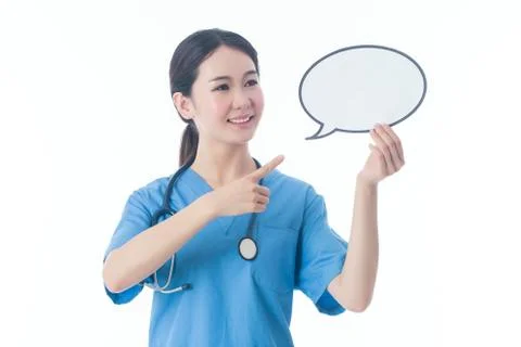 Attractive woman doctor holding a speech bubble Stock Photos