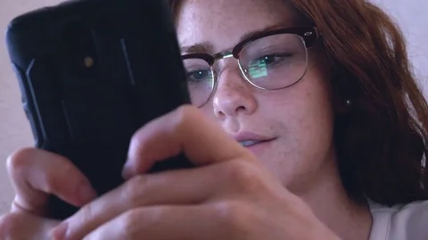 Attractive woman using technology touchscreen glasses reflection slow motion  Video stock 77865489