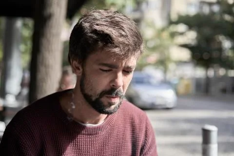 Attractive young bearded man using his smartphone in the cafe Stock Photos