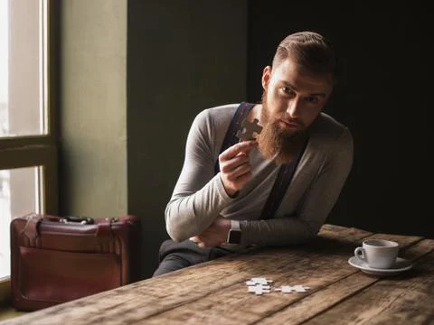 Attractive young guy is solving a problem Foto stock