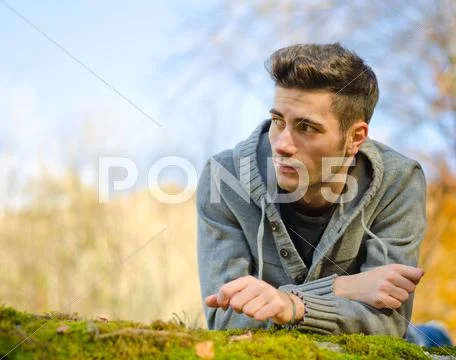 Attractive young man outdoors in nature lying on moss Stock Photos
