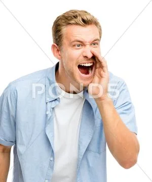 Attractive young man shouting - isolated on white background Stock Photos