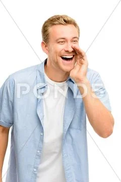 Attractive young man shouting - isolated on white background Stock Photos
