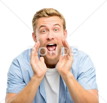 Attractive young man shouting - isolated on white background Stock Photos