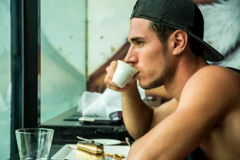 Attractive Young Man's Breakfast, Drinking Coffee Stock Photos