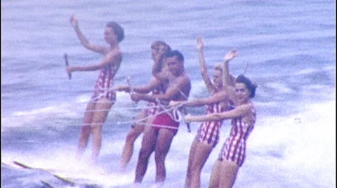 Attractive Young People Wave Hello Waterski Show 1950s Vintage Home Movie 377 Stock Footage