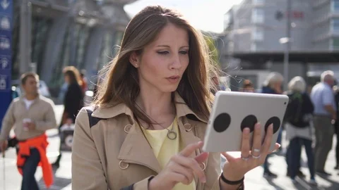 Attractive Young Stylish Female Using Tablet Screen Computer in the City Stock Footage 90597406