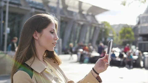 Attractive Young Stylish Female Using Tablet Screen Computer in the City Stock Footage 90597641