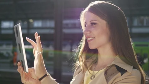 Attractive Young Stylish Female Using Tablet Screen Computer in the City Video stock 90598196