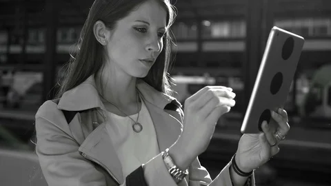 Attractive Young Stylish Female Using Tablet Screen Computer in the City Stock-Footage 90598662