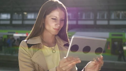 Attractive Young Stylish Female Using Tablet Screen Computer in the City Stock-Footage 90598906