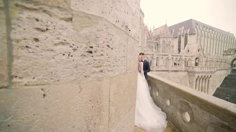 Attractive young wedding couple, bride in long blond dress with long blond hair  Stock Footage 129506987
