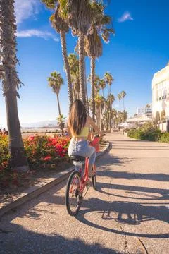 Attractive young woman riding bike near beach with palm trees Stock Photos