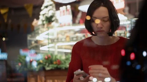 Attractive young woman smiling using smartphone taking selfie sitting in cafe Stock Footage 83081007