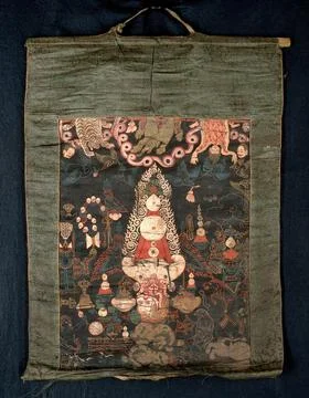 Attributes of dPal-ldan Lha-mo in a "rgyan tshogs" banner. Distemper painti.. Stock Illustration