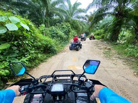 ATV excursion through tropical rainforest with riders navigating a dirt path Фото