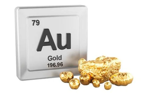 Au element symbol with gold nuggets, 3D rendering Illustrazione stock