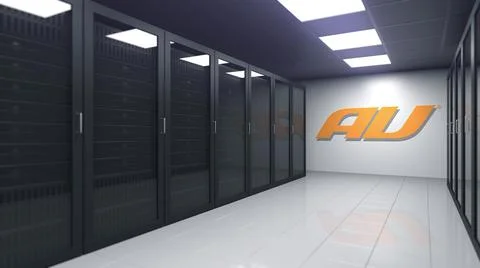 AU logo in the modern server room, editorial 3D rendering Illustrazione stock