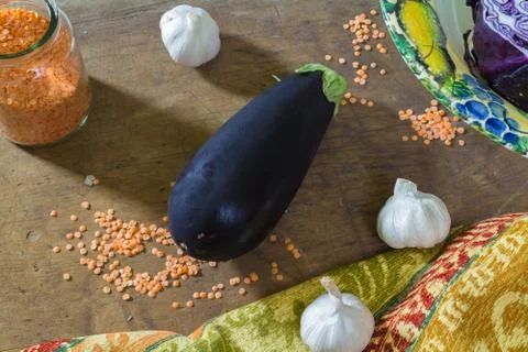 Aubergine and lentils Stock Photos