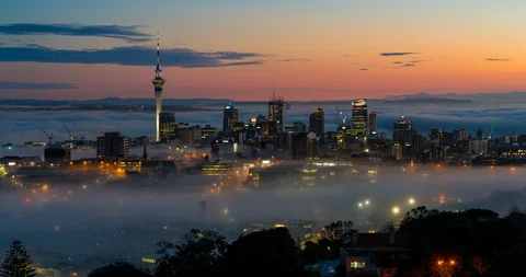 Auckland City Early Morning - Rolling Fog Timelapse Stock Footage
