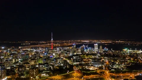 Auckland City Night Skyline Hyperlapse aerial shot Stock Footage