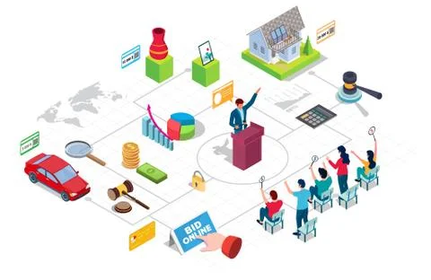 Auction and bidding flowchart, vector isometric infographic. Mobile bidding. Stock Illustration