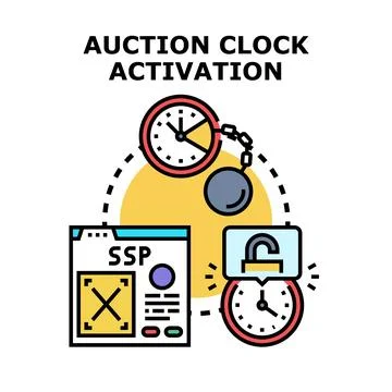 Auction clock activation concept unlocking time sensitive bidding process Stock Illustration