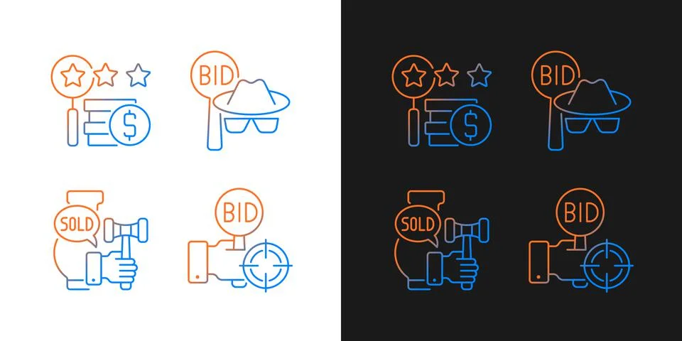 Auction components gradient icons set for dark and light mode 库存插图