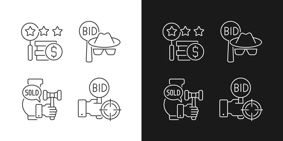 Auction components linear icons set for dark and light mode Stock Illustration