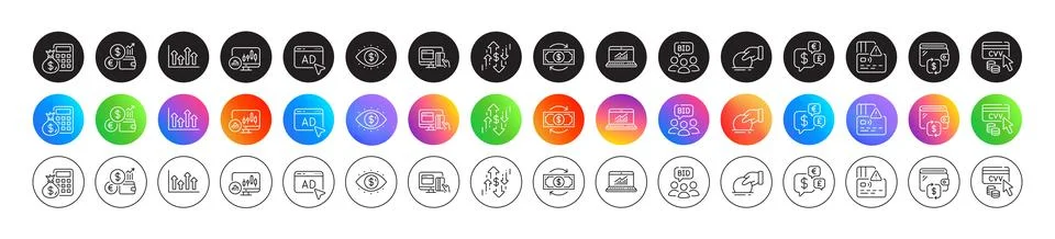 Auction, Cvv code and Business vision line icons. For web app, printing. Round Illustrazione stock