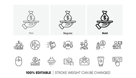 Auction, Flight mode and Discount coupon line icons. For web app, printing. Line Stock Illustration