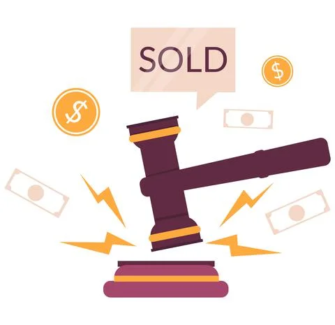 Auction hammer, sold speech bubble, money, vector illustration. Market trade Stock Illustration