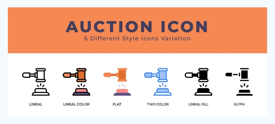 Auction icon set with different styles. Design elements for logo. Vector il.. Illustrazione stock
