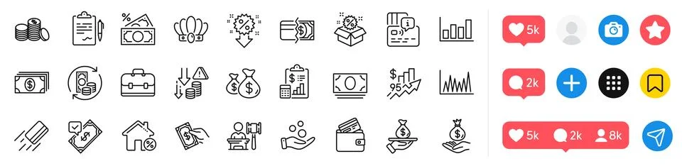 Auction, Payment methods and Card line icons pack. For web app. Social media Stock Illustration