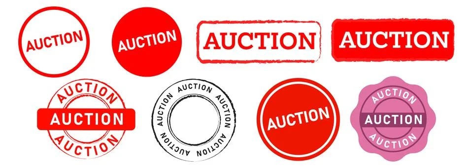 Auction rectangle and circle stamp label sticker sign for authority verdict Stock Illustration