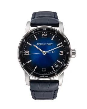 Audemars Piguet watch, model 11.59. Self-winding, white gold case, blue dia.. Stock Photos