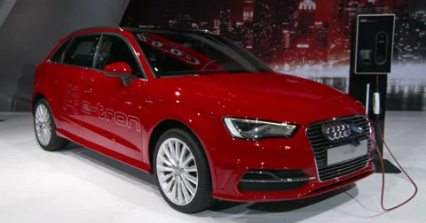 Audi A3 e-tron at the New York International Auto Show Stock Footage 37343615