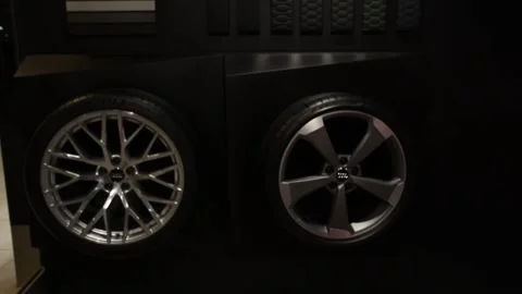 Audi Car Wheels on the Wall Store Stock Footage 156613165