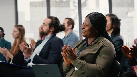 Audience clapping hands and applauding after presentation Stock Footage 328263452