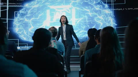 Audience clapping hands for asian speaker at artificial intelligence pitch Stock Footage 327824280