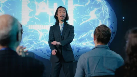 Audience clapping hands for asian speaker at artificial intelligence pitch Stock Footage 328056790