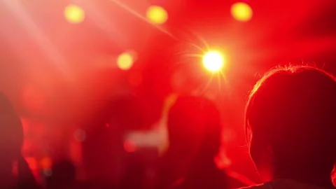 Audience enjoying live music performance with vibrant red lights and dynamic Stock Footage 313639352