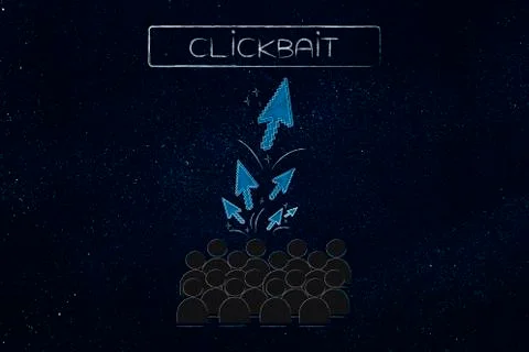 Audience with group of mouse pointer clicks going towards a Clickbait button Stock Illustration