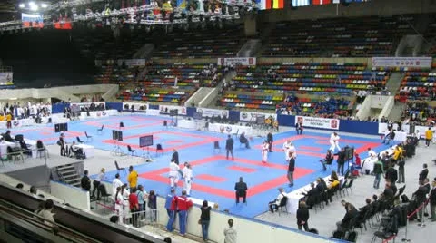 Audience looks competitions on 10th team championship on karate Stock Footage