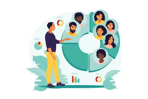 Audience segmentation concept. Man near a large circular chart with images of Stock Illustration