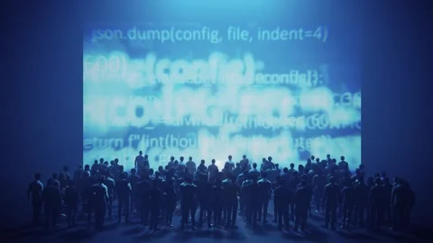 Audience watching presentation on screen displaying data programming code Stock Footage 347880919