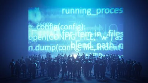 Audience watching presentation on screen displaying data programming code 스톡 일러스트