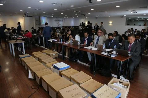  Audiencia de juicio caso Pruebas PCR Quito 06 de febrero. Sala de audienc... Stock Photos