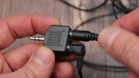 Audio adapter connectors. Adapter for audio equipment. Audio Wires. Stock Footage 172171914